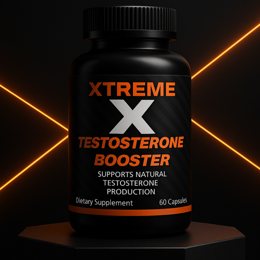 Black bottle of Xtreme Testosterone Booster with orange text on a dark background